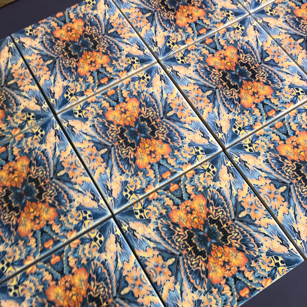 Contemporary Butterfly Tiles - Bold Orange Blue & Grey Ceramic Tiles - Beautiful Bohemian Printed Tiles