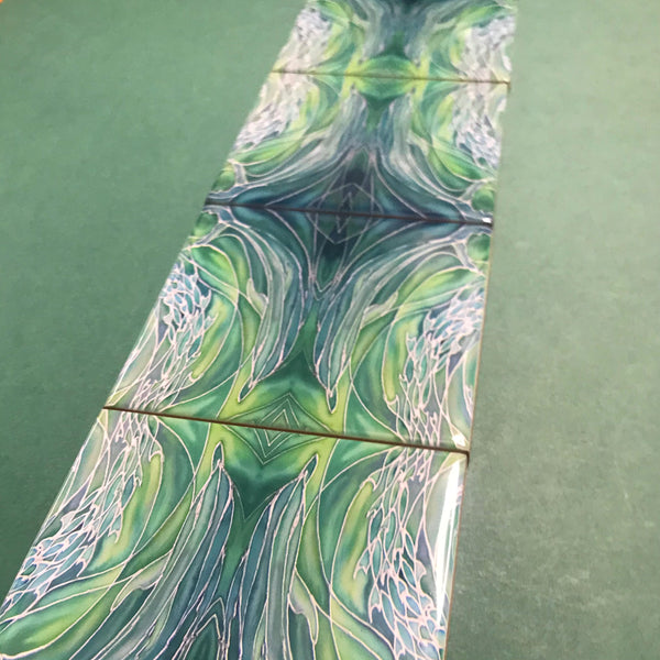 Sea Green Dolphin Twins Small 4.25” Square Tiles -  Green Ceramic Bathroom Kitchen Hand Printed Tiles