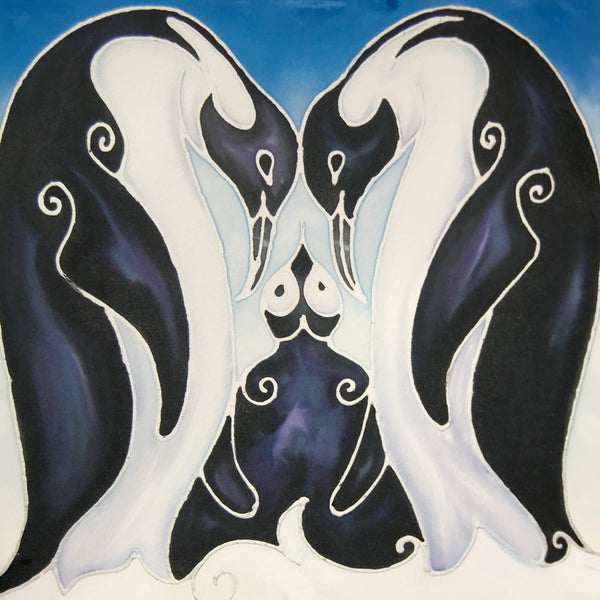 Loving Penguin Family Signed Print - Penguins with Baby - Blue Penguin Bathroom Art