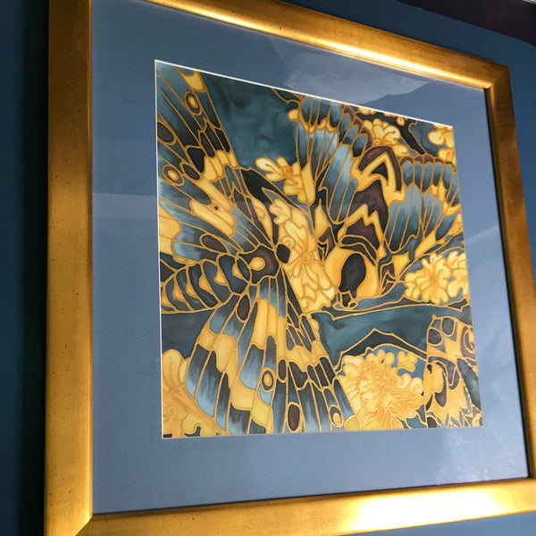 Moth on Lichen Painting - contemporary hand painted silk Butterflies - Blue Yellow Butterfly Original Art