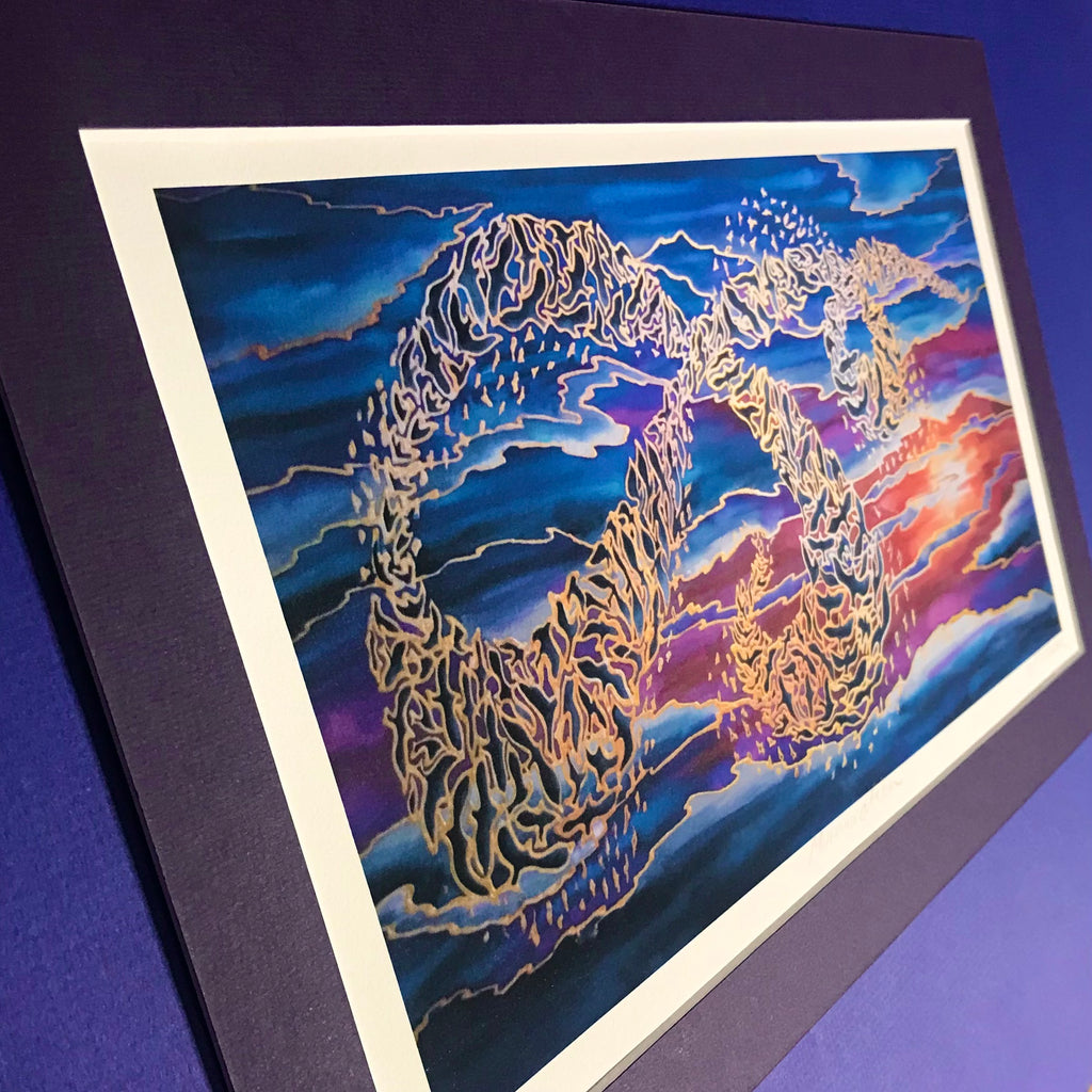 Flying Birds Murmuration Signed Print - Blue Purple Red Gold Print Art