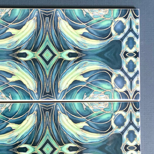 Blue Teal Dolphin Rectangular Tiles -  Ceramic Metro Brick Shaped Hand Printed Bathroom Kitchen Tiles