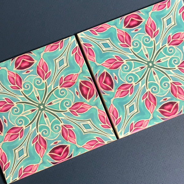 Pink Magnolias Arts and Crafts look Bathroom Tiles or Kitchen Tiles