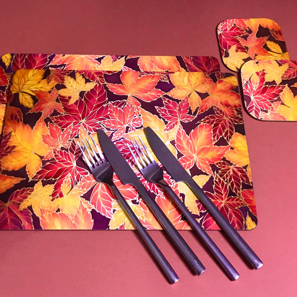 Autumn Leaves Placemats & Coasters - Virginia Creeper Leaves Table Mats - Red Yellow
