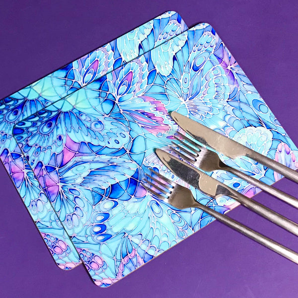 Table Mats Blue Butterflies - blue green turquoise placemats -  butterfly coasters tableware - glass chopping boards / counter savers, serving trays, mugs and mouse mats