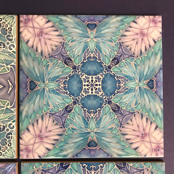 Pretty Butterflies and Flowers set of 8 Tiles - Lilac Turquoise Bohemian Ceramic Printed Tiles