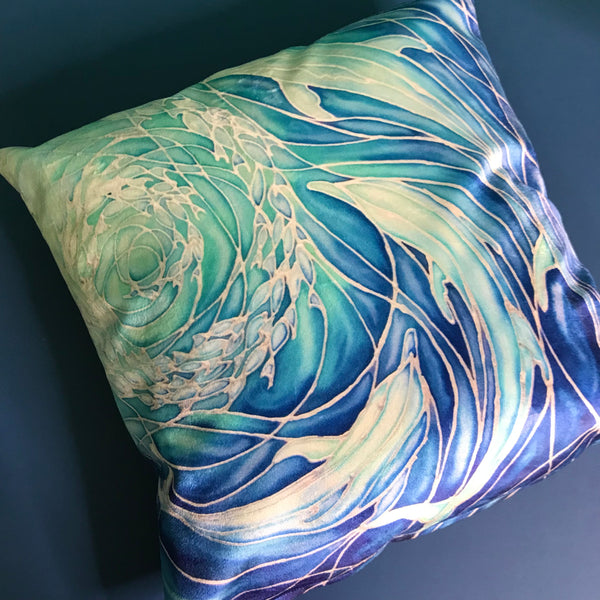 Blue Aqua Dolphins Cushion - Ultramarine Turquoise Chenille Fabric - Intricate pattern pillow