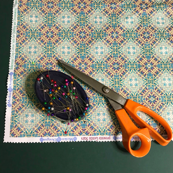 Soft Teal Green Turquoise Lilac Gold 'Gentle Stars' Designer 100% Cotton Satin fabric for curtains, upholstery and soft furnishings