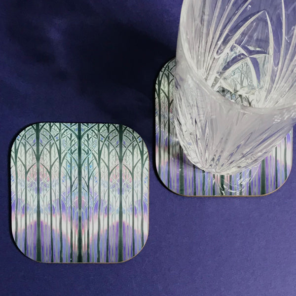 Charcoal Purple Misty Trees Table Mats - Tall Trees Place Mats - Cloisters Chopping Boards