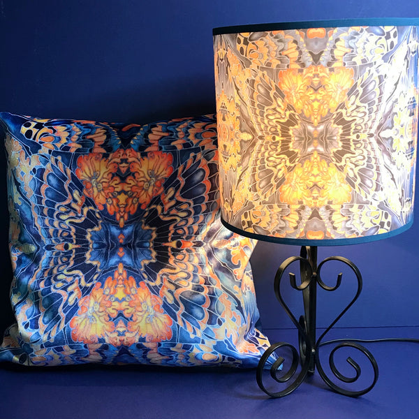 Contemporary Grey Blue Orange Butterfly Moth Lamp shade - Butterfly Moth Drum Shade - Atmospheric lamp Shade