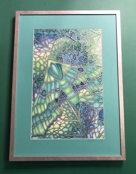 SOLD - Green Moth Original Silk Painting - Moth & Butterfly Arty - Green Lime Turquoise Art