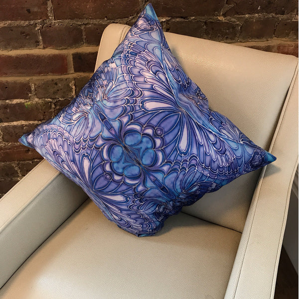 Blue Butterfly Velvet Cushion - Luxury Saphire Blue Velvet - Intricate pattern butterfly pillow