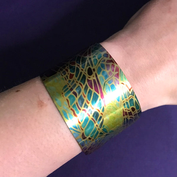 Teal Green and Beaujolais Butterfly Moth Cuff Bracelet - Comtemporary Green Bangle - easy wear lightweight aluminium.