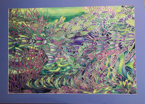 Coral Reef Original Silk Painting - blue turquoises  green Original Art
