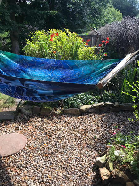 Gorgeous Blue Green Reversible Hammock - featuring Blue Shoal on one side and Dragonflies on the reverse.