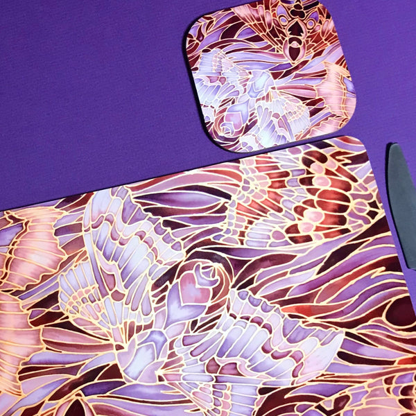 Moths Placemats & Coasters - Chocolate Lilac Grey Table Mats - glass chopping boards