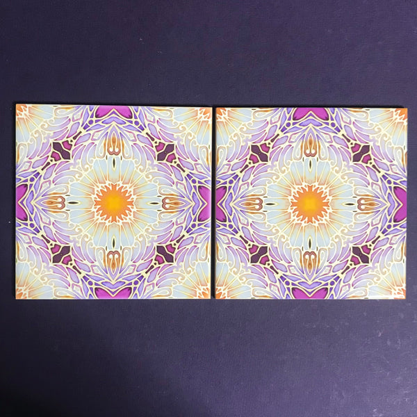 Pretty Stylised Daisy Tiles - Creamy White and Plum Bohemian Ceramic Printed Tiles