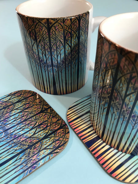 Table mats, Cathedral Trees Coloyrful sunset high quality placemats, coasters, dishwasher and microwave safe mugs in regular and xl sizes, glass chopping boards, counter saver, platters, mouse mats, square table mats, rectangular table mats, round table mats. Set the table. Come to dinner. Home dining.