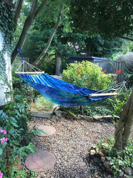 Gorgeous Blue Green Reversible Hammock - featuring Blue Shoal on one side and Dragonflies on the reverse.