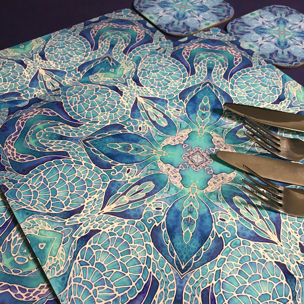 Blue Turtle Mandala Square Mats & Coasters - Sea Life Table Mats