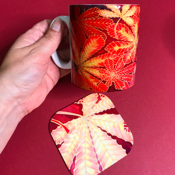 Autumn Horsechestnut Leaves Mug - Mug and Coaster Box Set - Red Mug Set - Autumn Mug Gift