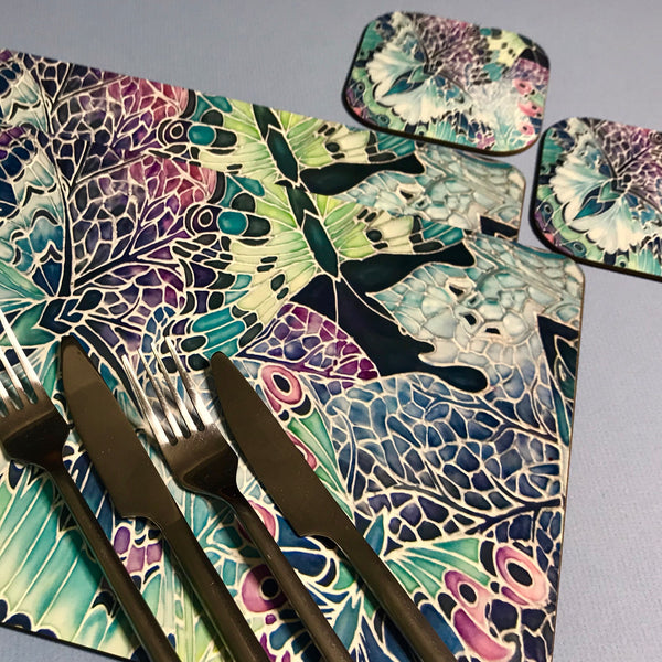Butterfly on Leaves hard wearing Table Mats - Teal Pink Plum Charcoal Green Tableware
