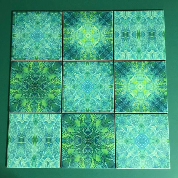 Green Turtle Kaleidoscope Mixed Tiles Set - Teal Mint Lime Tiles - Beautiful Tile - Bohemian Tiles
