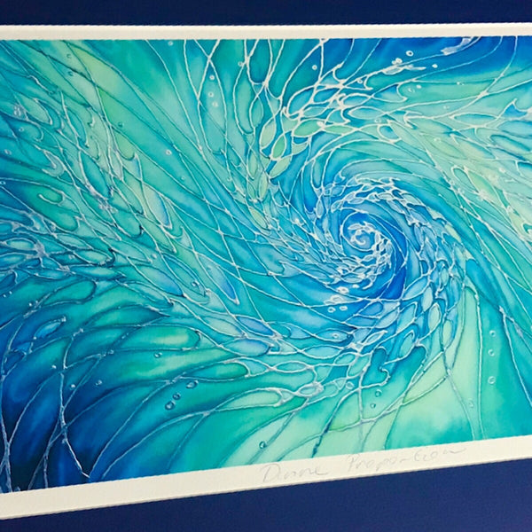 Beautiful sea green, aqua, teal, blue limited edition print of swirling shoals. Interior design. Wall art. 60x90cm art print for living room, bathroom, bedroom,  therapy room, yoga studio tranquil art creating a calm atmosphere.