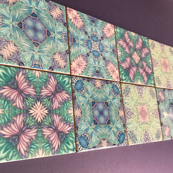 Pretty Butterflies and Flowers set of 8 Tiles - Lilac Turquoise Bohemian Ceramic Printed Tiles