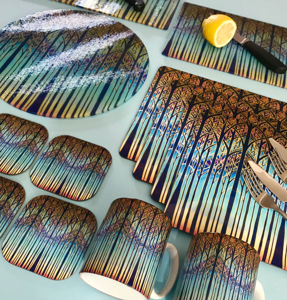 Table mats, Cathedral Trees Coloyrful sunset high quality placemats, coasters, dishwasher and microwave safe mugs in regular and xl sizes, glass chopping boards, counter saver, platters, mouse mats, square table mats, rectangular table mats, round table mats. Set the table. Come to dinner. Home dining.