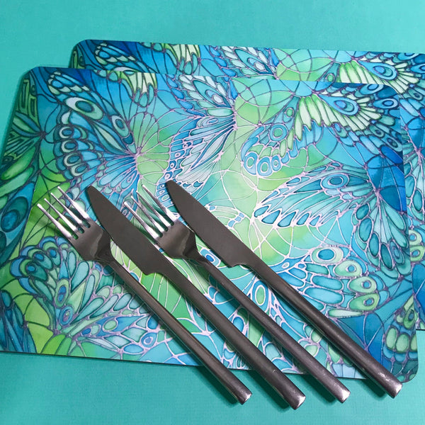 Green Tableware - Lime Green Placemats - Green Coasters - Green Glass Chopping boards - Green Glass Counter Savers - Green Glass Serving Platters - Butterfly Wings  - Green melamine serving tray - Green table mats - Durable hardwearing table mats - Meikie designs Sea Green Table Mats, Place Settings, Coasters, Mugs, Chopping Boards, Trivets, Round Table Mats, Mouse Mats. Emerald Aqua Teal Lime Turquoise. Round Table Mats. rectangular place mats.