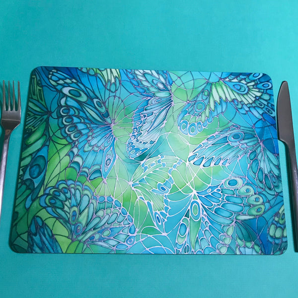 Green Tableware - Lime Green Placemats - Green Coasters - Green Glass Chopping boards - Green Glass Counter Savers - Green Glass Serving Platters - Butterfly Wings  - Green melamine serving tray - Green table mats - Durable hardwearing table mats - Meikie designs Sea Green Table Mats, Place Settings, Coasters, Mugs, Chopping Boards, Trivets, Round Table Mats, Mouse Mats. Emerald Aqua Teal Lime Turquoise. Round Table Mats. rectangular place mats.