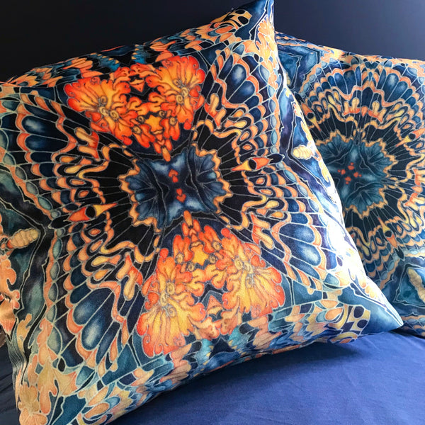 Contemporary Grey Blue Orange Velvet Cushions - Dramatic Moth Kaleidoscope Design Luxury Velvet Cushions