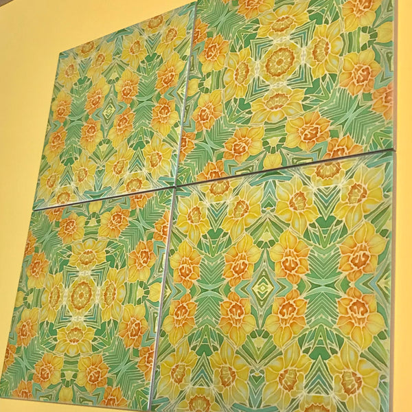 Yellow Daffodils Mixed Set of Bathroom Tiles - Arts and Crafts Look Bright Bohemian Kitchen Tiles