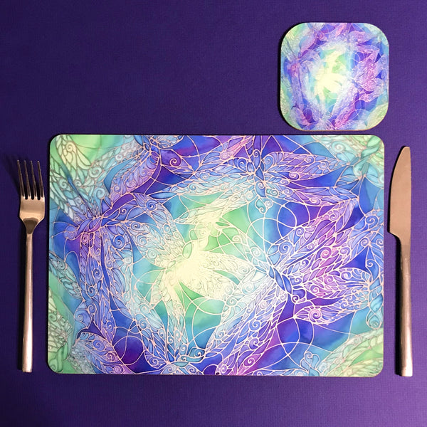 Table Mats Blue Dragonflies - Blue Green Purple Placemats - Blue Dragonfly Coasters