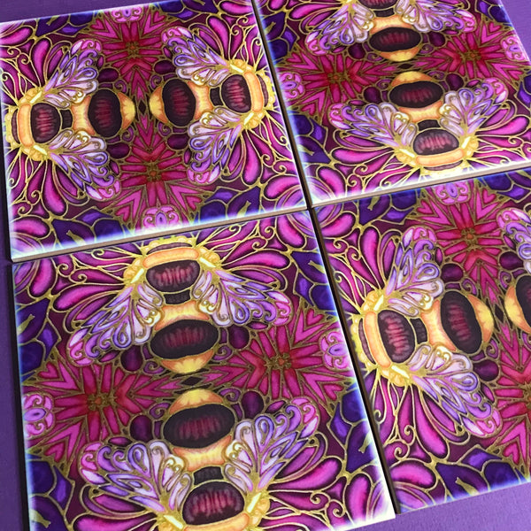 Plum gold square 6x6” bee tiles. Honey bee bathroom tiles. Bumble bee kitchen tiles. bathroom remodel. kitchen makeover. Hand printed by Meikie
