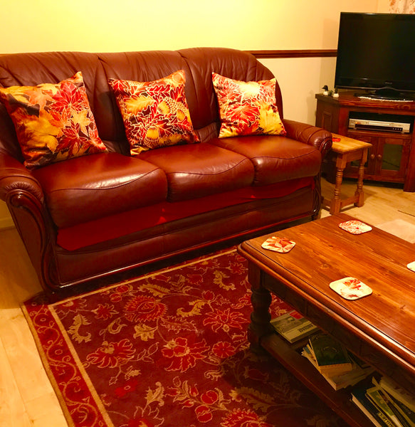 Autumnal Leaves Cushion Set - Reds Yellow Velvet Cushions - Four Leaves Designs by Meikie