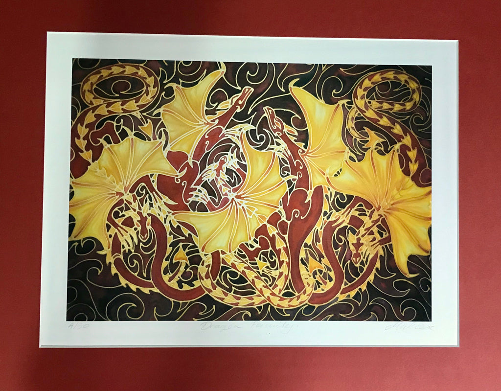 Dramatic Dragon Family Print - Mythical Creatures Art Print - Fiery Red Dragons Print