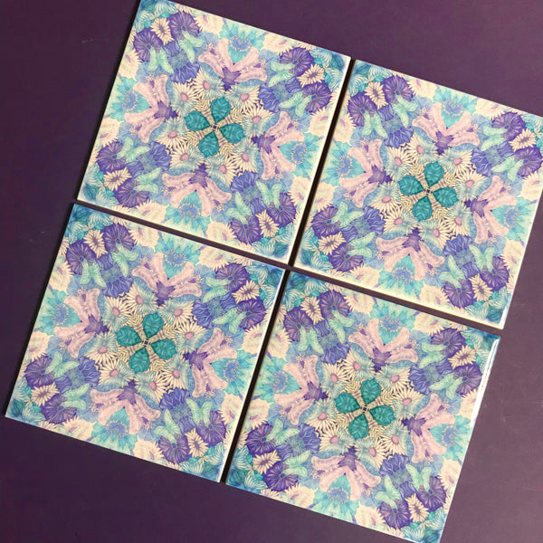 Pretty Stylised Flower Tiles - Lilac Turquoise Bohemian Ceramic Printed Tiles