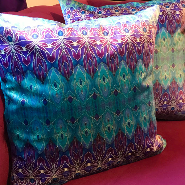 Persian inspired ornate patterned velvet cushions, Mediterranean blue and purple super soft luxurious decorative throw pillows