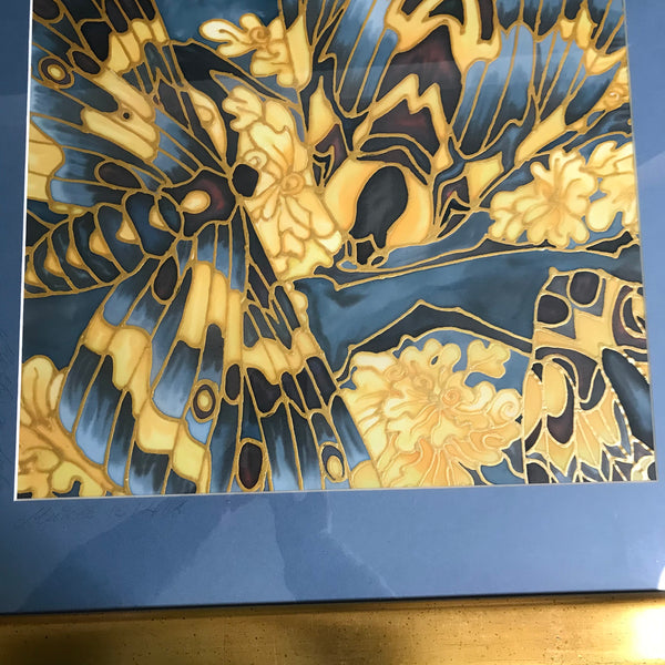 Moth on Lichen Painting - contemporary hand painted silk Butterflies - Blue Yellow Butterfly Original Art