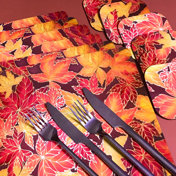 Autumn Leaves Placemats & Coasters - Virginia Creeper Leaves Table Mats - Red Yellow