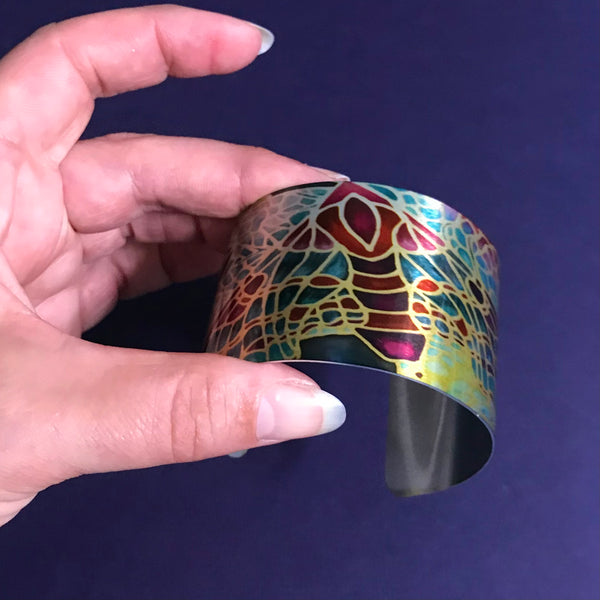 Teal Green and Beaujolais Butterfly Moth Cuff Bracelet - Comtemporary Green Bangle - easy wear lightweight aluminium.