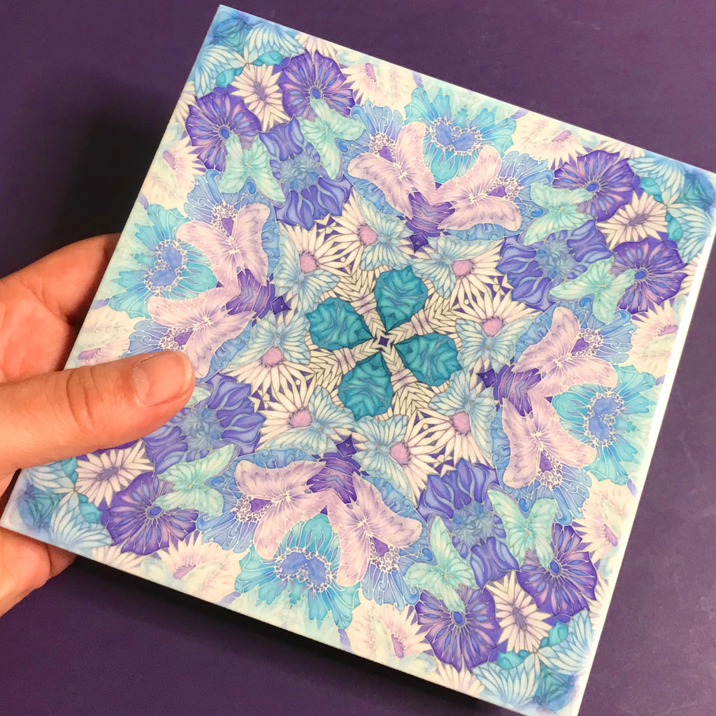 Pretty Stylised Flower Tiles - Lilac Turquoise Bohemian Ceramic Printed Tiles
