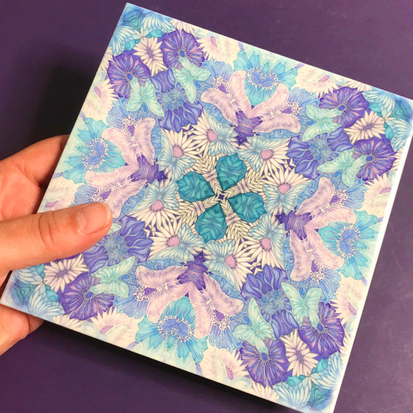 Pretty Stylised Flower Tiles - Lilac Turquoise Bohemian Ceramic Printed Tiles