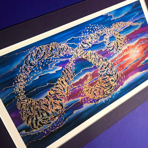 Flying Birds Murmuration Signed Print - Blue Purple Red Gold Print Art