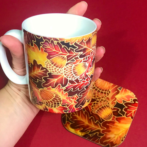 Autumnal Oak Leaves and Acorns Mug - Mug and Coaster Box Set - Red Mug Set - Leaves Mug Gift