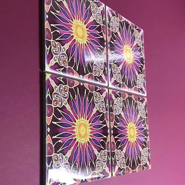 Flower Tiles in Rich Plum - Beautiful Ceramic Bohemian Tiles - Kitchen Bathroom Tiles