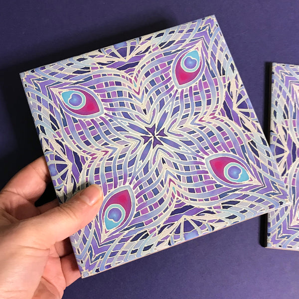 Lavender Peacock Feathers Tiles - Blue Lilac Tiles  - Bohemian Nouveau Ceramic Hand Printed Tiles