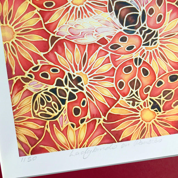 Ladybird and Pansies Signed Limited Edition Print - Red Flowers Print - Ladybird Art - Meikie